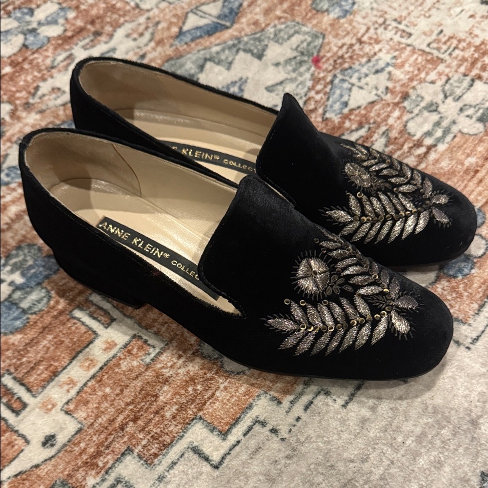 Anne Klein Black Velvet Embroidered Loafers
